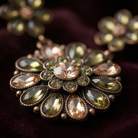 Vintage Olive Peridot & Champagne Floral Medallion Drop Earrings