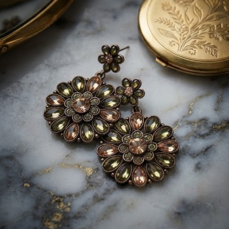Vintage Olive Peridot & Champagne Floral Medallion Drop Earrings