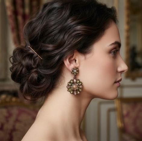 Vintage Olive Peridot & Champagne Floral Medallion Drop Earrings