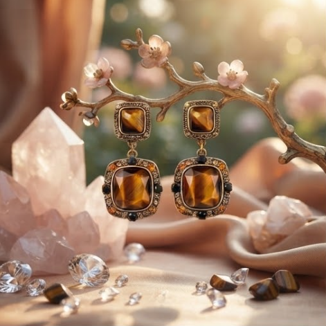 Vintage Tiger Eye Cushion-Cut & Amber Crystal Geometric Drop Earrings