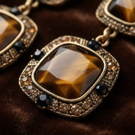 Vintage Tiger Eye Cushion-Cut & Amber Crystal Geometric Drop Earrings