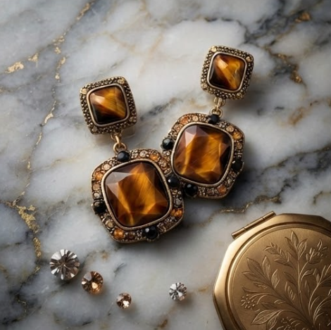 Vintage Tiger Eye Cushion-Cut & Amber Crystal Geometric Drop Earrings