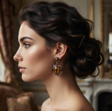 Vintage Tiger Eye Cushion-Cut & Amber Crystal Geometric Drop Earrings