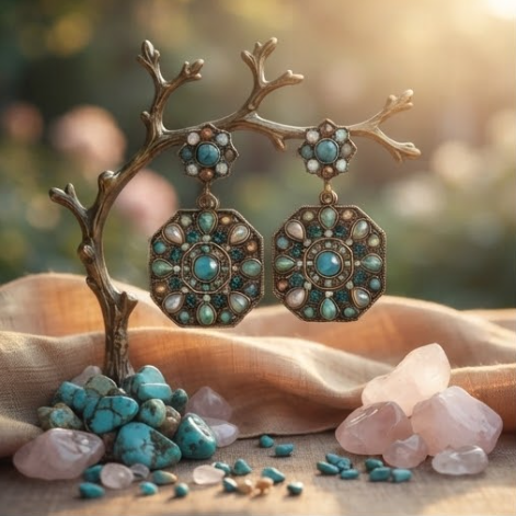 Vintage Bohemian Turquoise & Opal Crystal Octagon Drop Earrings