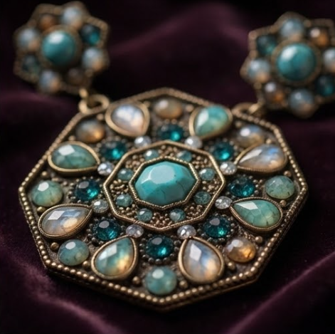 Vintage Bohemian Turquoise & Opal Crystal Octagon Drop Earrings