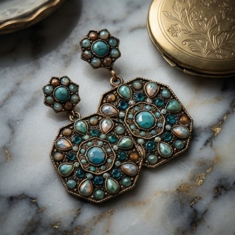 Vintage Bohemian Turquoise & Opal Crystal Octagon Drop Earrings