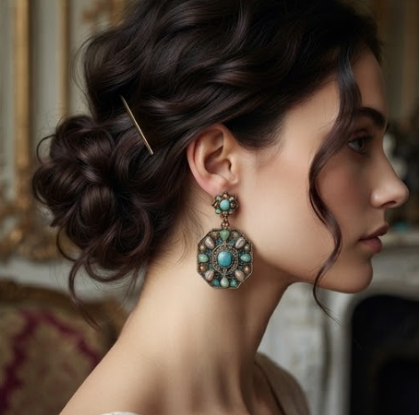 Vintage Bohemian Turquoise & Opal Crystal Octagon Drop Earrings