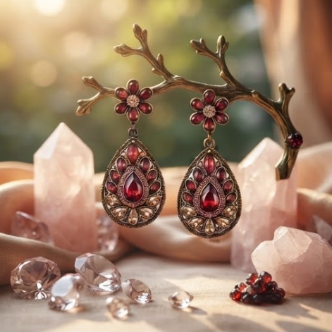 Vintage Garnet & Champagne Crystal Floral Teardrop Drop Earrings