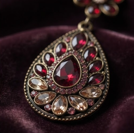 Vintage Garnet & Champagne Crystal Floral Teardrop Drop Earrings