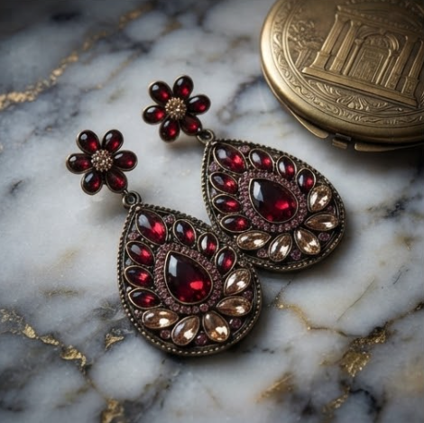 Vintage Garnet & Champagne Crystal Floral Teardrop Drop Earrings